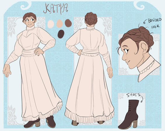 post-canon outfit - art by @crym_94 on twt! I felt that Katya and Koito ultimately enjoy western style dress, so that's what she wears after marriage. Her hair is also braided up instead of down her back as a sign of marriage.